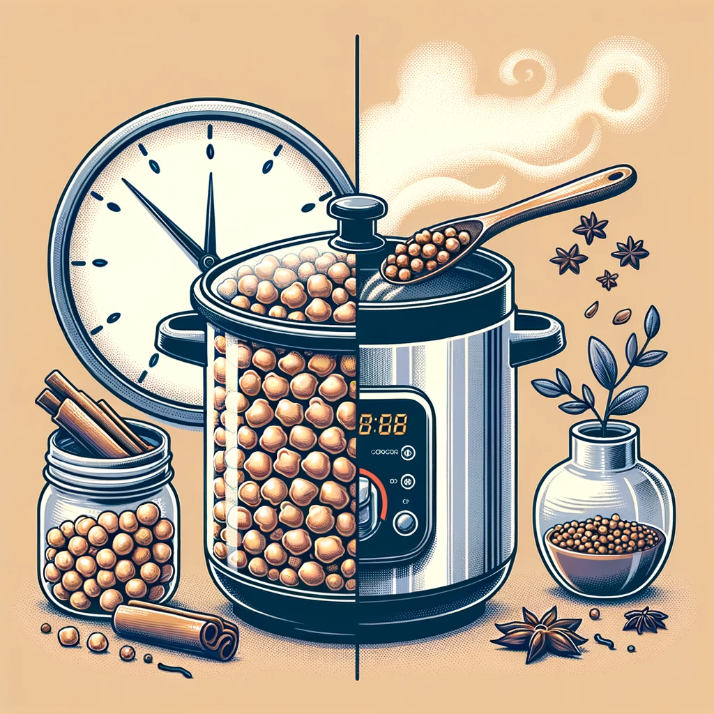 A kitchen setting with a slow cooker and a pressure cooker, each filled with chickpeas and spices, indicating different cooking times.