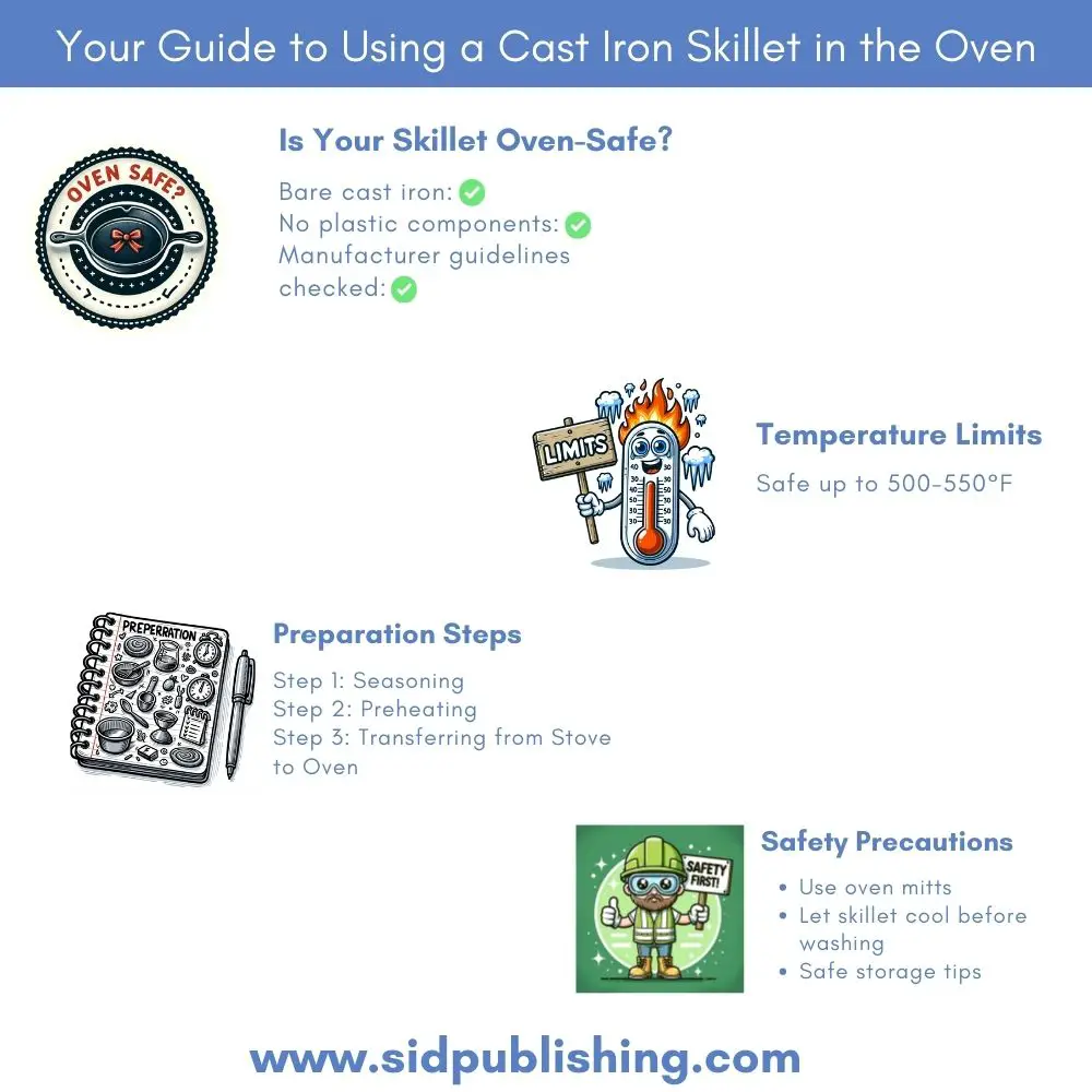 Infographic providing a comprehensive guide on how to safely use a cast iron skillet in the oven. Sections include a checklist for determining if your skillet is oven-safe, temperature limitations of cast iron, preparation steps before oven use, common oven recipes like cornbread and frittatas, safety precautions such as using oven mitts, and quick answers to frequently asked questions.