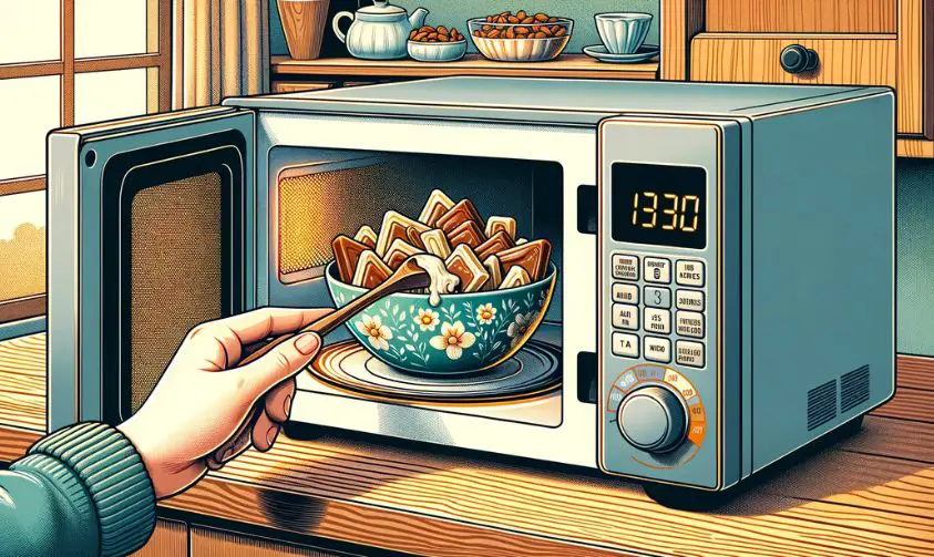 A hand placing a bowl adorned with floral patterns filled with almond barks inside an open microwave. The microwave's digital screen reads 13:30. The kitchen backdrop displays a window, a bowl of fruits, and tea essentials on a wooden counter.