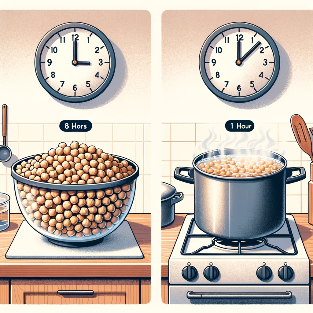 A kitchen setting showing two methods of soaking chickpeas: a bowl for the long soak and a pot on a stove for the quick soak.