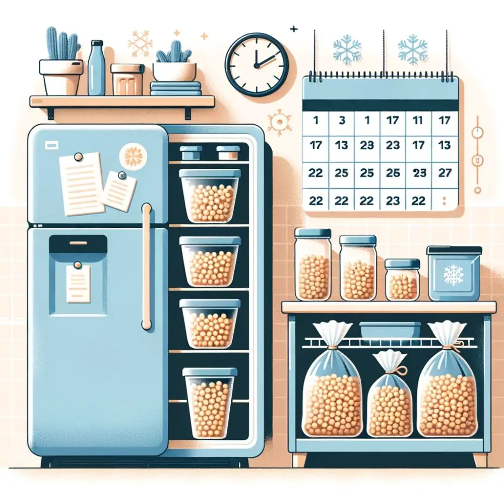 A kitchen scene depicting a refrigerator and a freezer storing chickpeas in various containers, with calendar icons indicating storage durations.