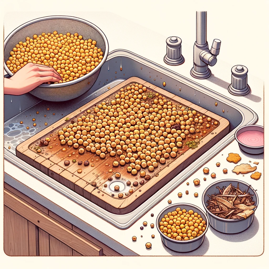 A kitchen counter with chickpeas spread out for sorting. A hand is selecting good chickpeas, while the damaged ones are discarded. A colander with chickpeas is being rinsed under a faucet.